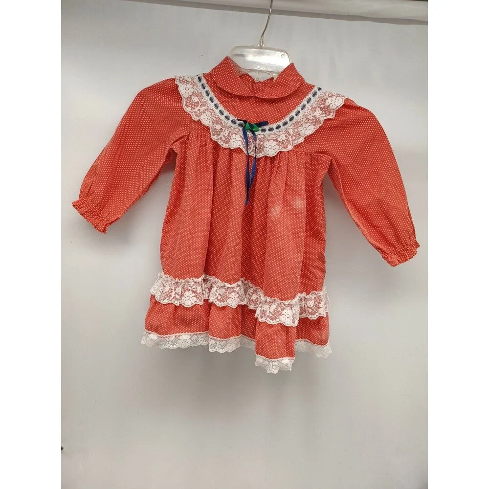 VTG toddler Girl Dress Ruffle Lace Polkadot Red White Polka dot Long Sleeve 3T